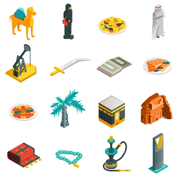 Arabia Saudita Set de iconos turísticos isométricos — Vector de stock