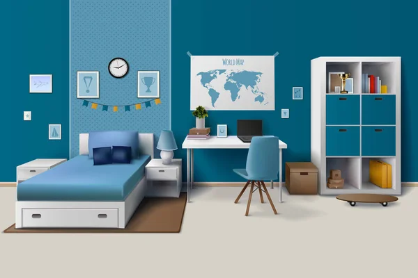 Tiener jongen kamer interieur realistisch beeld — Stockvector