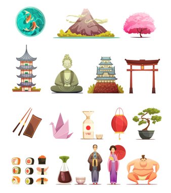 Japonya kültür Retro karikatür Icons Set 