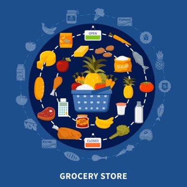 Bakkal gıda süpermarket yuvarlak kompozisyon