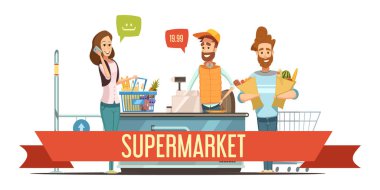 Müşteriler süpermarket kasada illüstrasyon karikatür