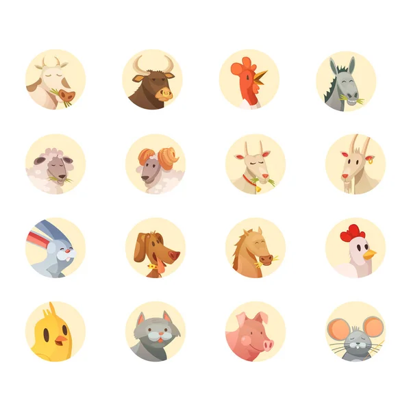 Farm animais cabeças rodada ícones coleção —  Vetores de Stock