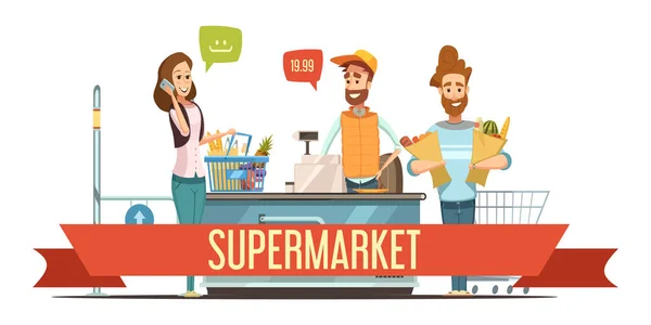 Customers At Supermarket  Checkout Cartoon Illustration — Stock Vector