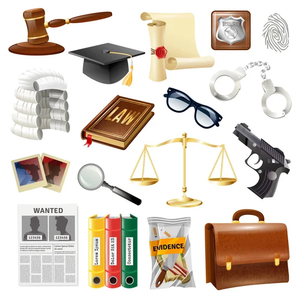 Hukuk Adalet nesneleri ve semboller koleksiyonu — Stok Vektör