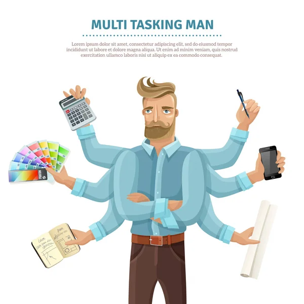 Multitasking Man platta affisch — Stock vektor