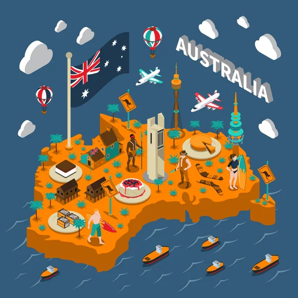 ऑस्ट्रेलिया पर्यटन आकर्षण आयसोमेट्रिक नकाशा पोस्टर — स्टॉक व्हेक्टर