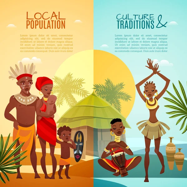 Banners planos verticales de la vida tribal africana — Vector de stock