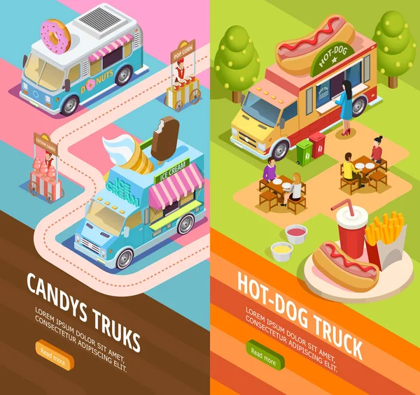 Food Trucks 2 verticale isometrische banners — Stockvector
