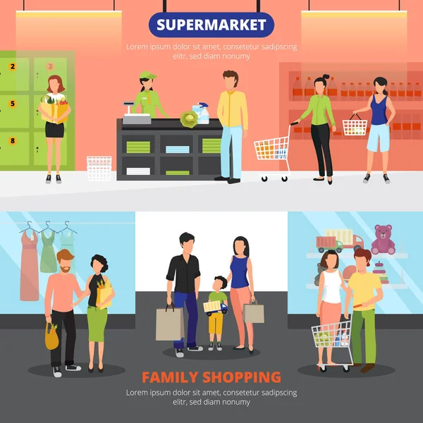 Compras Gente Banners Set — Archivo Imágenes Vectoriales