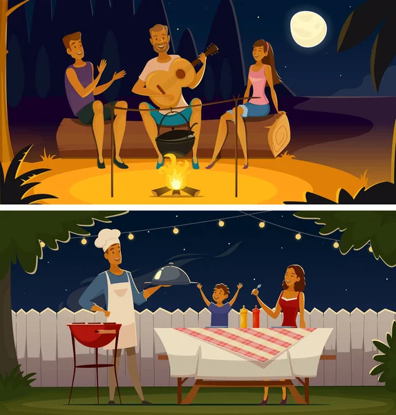 Nacht Barbecue Party Cartoon Retro Banners — Stockvector