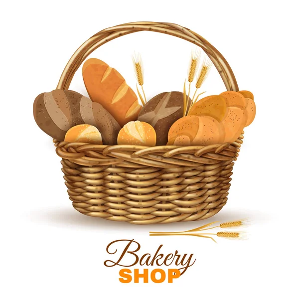 Bakery Basket With Bread Realistic Image — Stock Vector