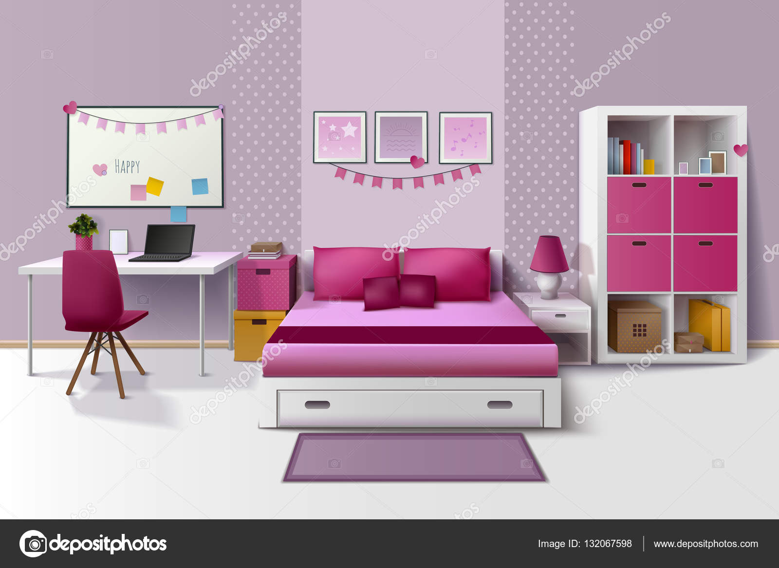Teen Girl Room Interior Realistic Image Stock Vector
