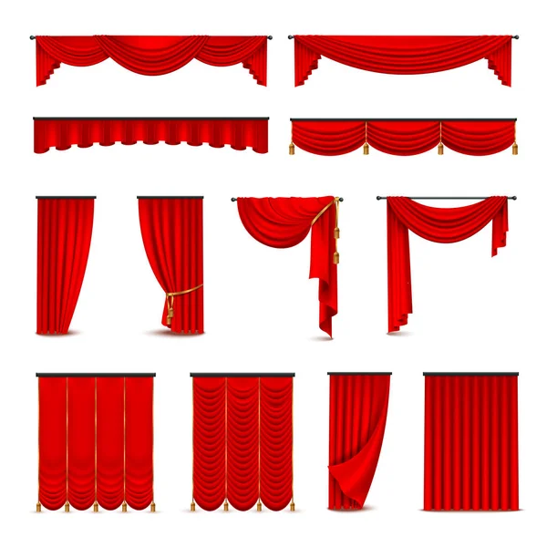 Cortinas rojas de lujo cortinas realista conjunto — Vector de stock