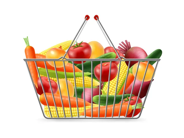 Panier d'achat Pleins légumes Image réaliste — Image vectorielle