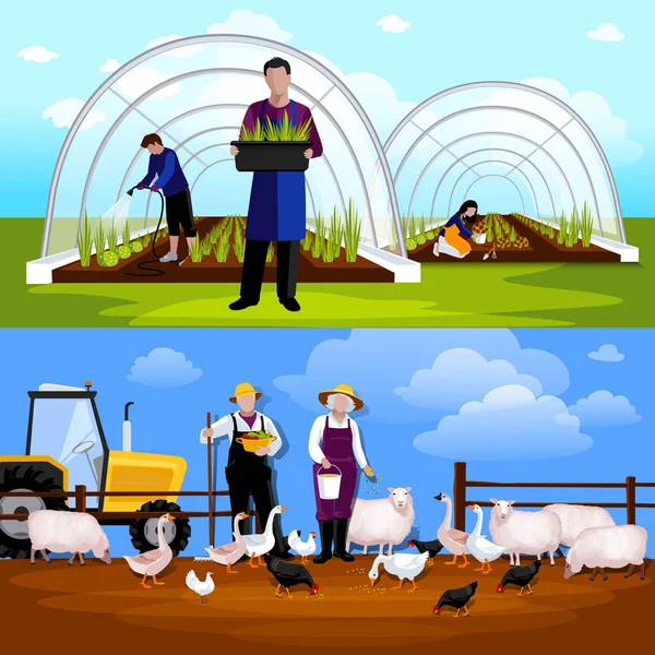 Farmers Gardeners 2 Horizontal Flat Banners Set — Stock Vector