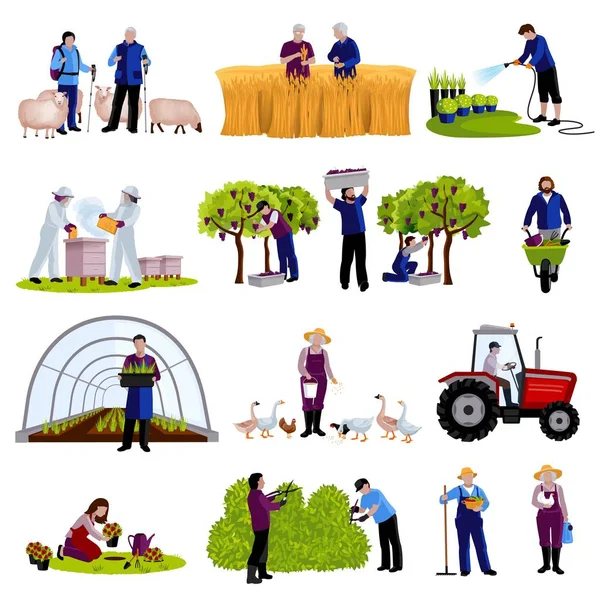 Agricultores Jardineros Iconos planos Colección — Vector de stock