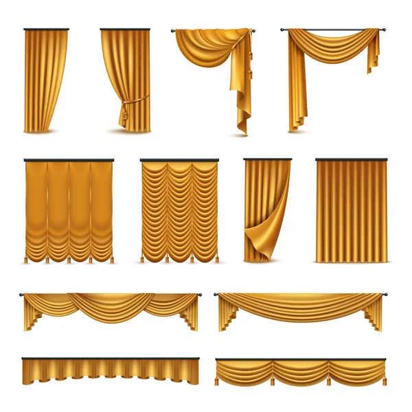 Cortinas de oro colección de iconos realistas cortina — Archivo Imágenes Vectoriales
