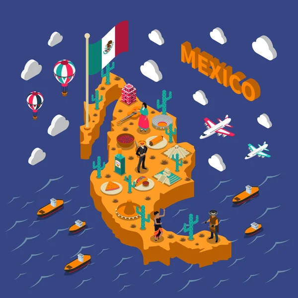 Atracciones Turísticas Mexicanas Símbolos Mapa Isométrico — Vector de stock