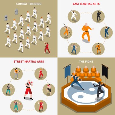 Martial Arts People Isometric 2x2 Icons Set