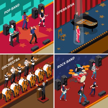 Musicians People Isometric 2x2 Icons Set