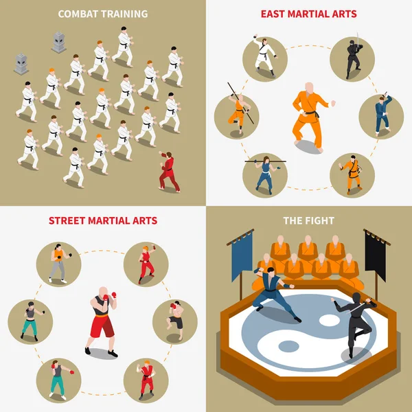 Martial Arts mensen isometrische 2 x 2 Icons Set — Stockvector