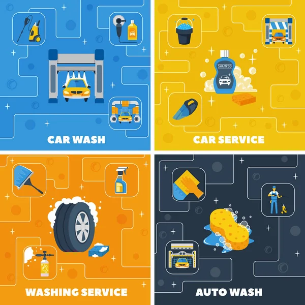 Car Wash 4 Flat Icons Square — Stock Vector