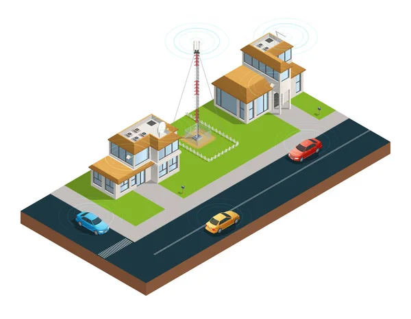 Città Comunicazione wireless Composizione isometrica — Vettoriale Stock
