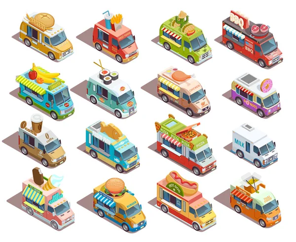 Pouliční prodavači kamiony izometrické ikony kolekce — Stockový vektor