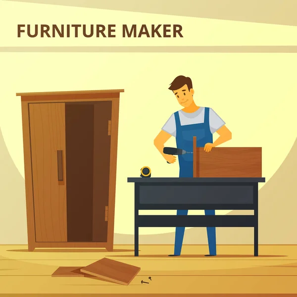 Carpenter Assembling Furniture Flat Poster — Stock Vector