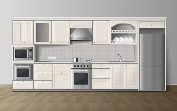 Imagen interior realista blanca de la cocina de lujo — Vector de stock