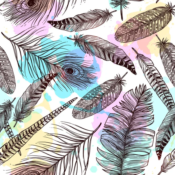 Hand Drawn Feathers Seamless Pattern — Stock Vector