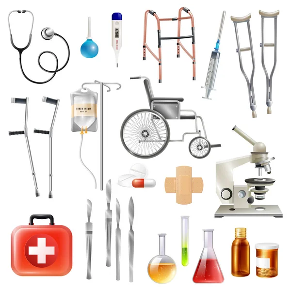 Cuidado de la salud Accesorios médicos Set de iconos planos — Vector de stock