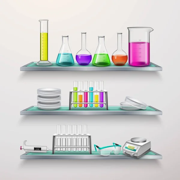 Prateleiras com composição de equipamentos de laboratório — Vetor de Stock