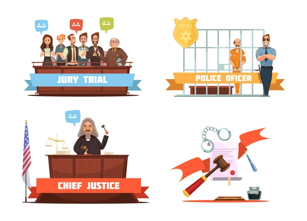 Ley de Justicia 4 iconos de dibujos animados retro — Archivo Imágenes Vectoriales