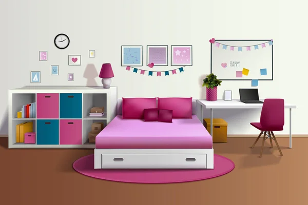 Quarto da menina Interior realista — Vetor de Stock