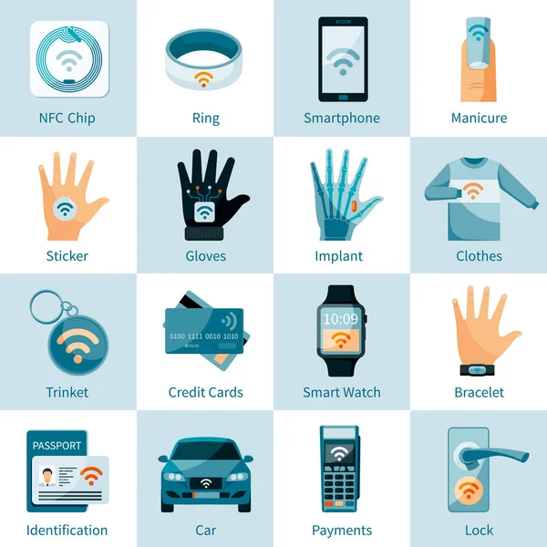 Conjunto de iconos de tecnología NFC Estilo plano — Archivo Imágenes Vectoriales