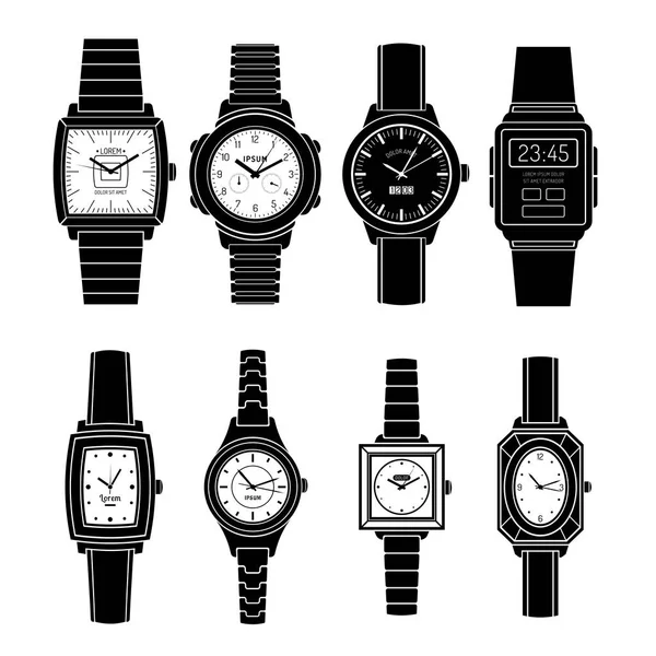 Popular Watches Styles Black Icons Set — Stock Vector