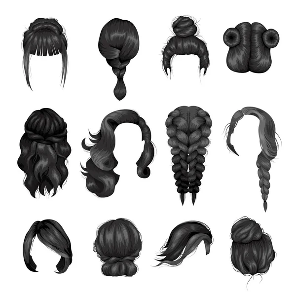 Mujer Wigs Peinado Iconos de espalda Set — Vector de stock