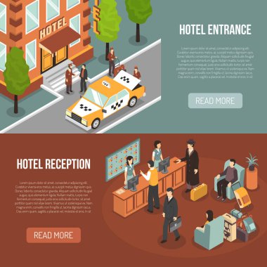 Otel girişinin Resepsiyon 2 izometrik afiş 