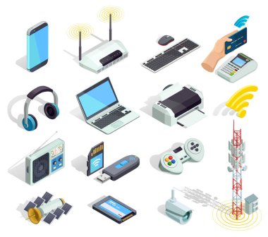 Kablosuz teknoloji cihazlar izometrik Icons Set