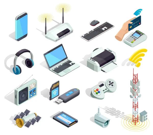 Conjunto de iconos isométricos de dispositivos de tecnología inalámbrica — Archivo Imágenes Vectoriales