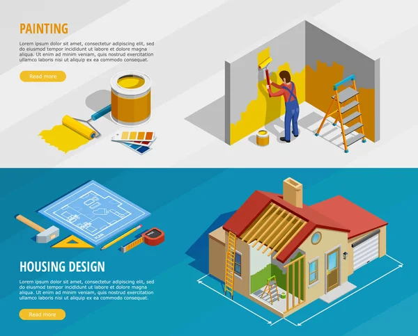 Accueil Rénovation Bannières horizontales isométriques — Image vectorielle