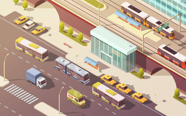 Изометрическая иллюстрация городского транспорта
 