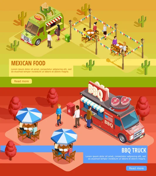 Banderas isométricas horizontales de Food Trucks 2 — Archivo Imágenes Vectoriales