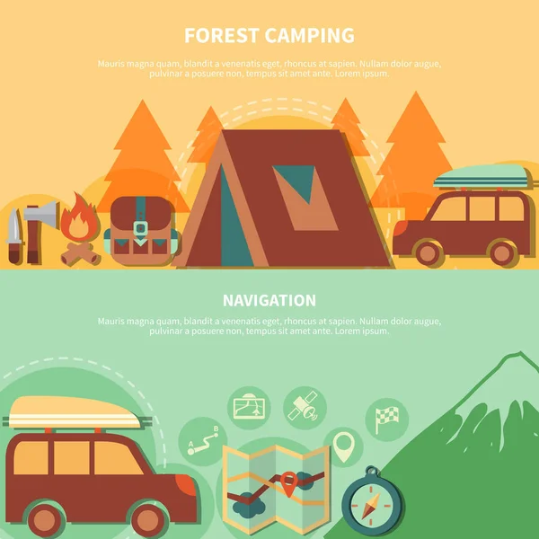 登山设备和导航配件的森林露营 — 图库矢量图片