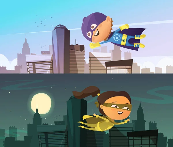 Kids Superhero Two Horizontal Banners Vector Graphics