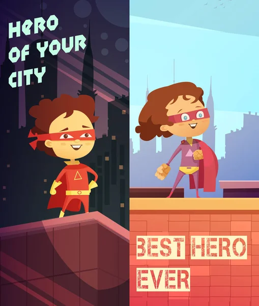 Bannières verticales avec enfants en costumes de super-héros — Image vectorielle