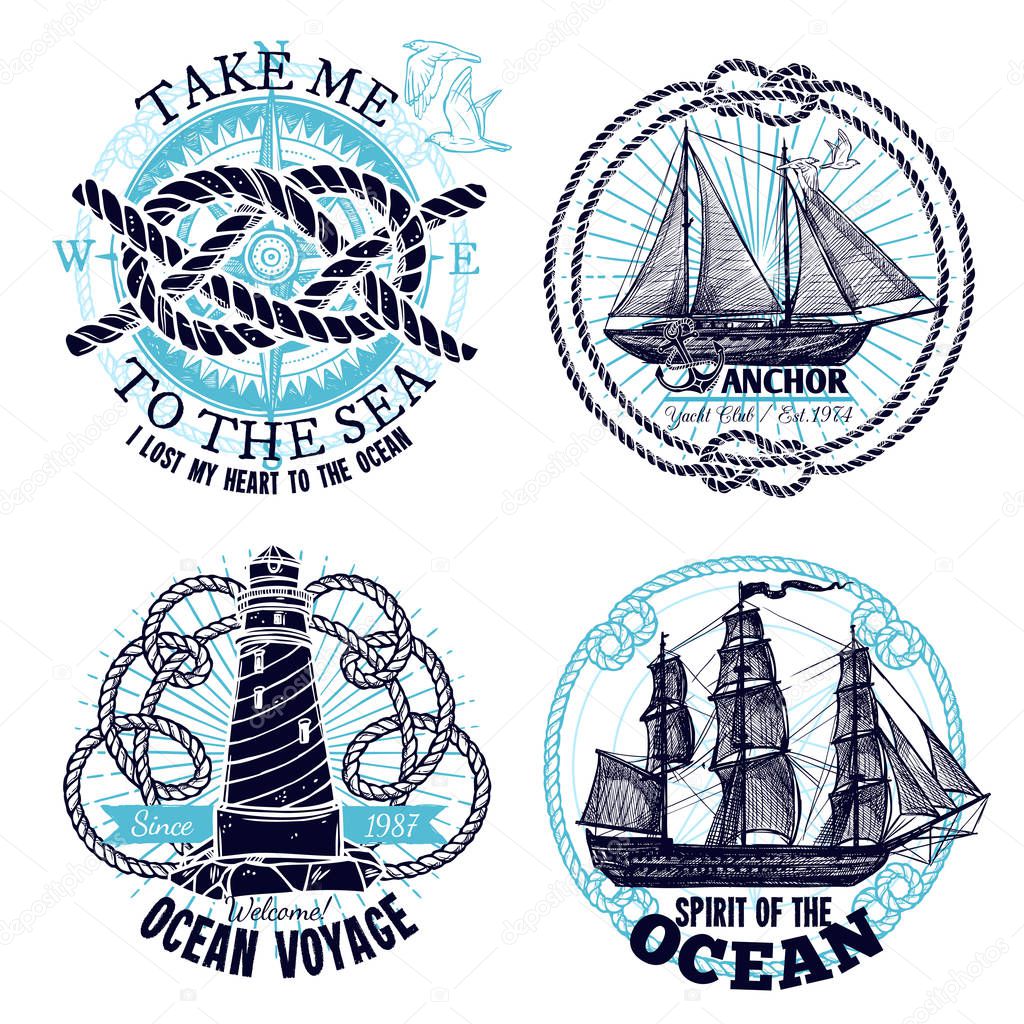 Marine emblems collection with ship wheel rope compass lighthouse in hand drawn style isolated vector illustration