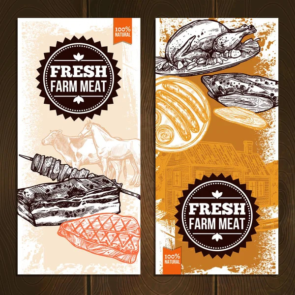 Bandiere verticali per alimenti a base di carne disegnata a mano — Vettoriale Stock