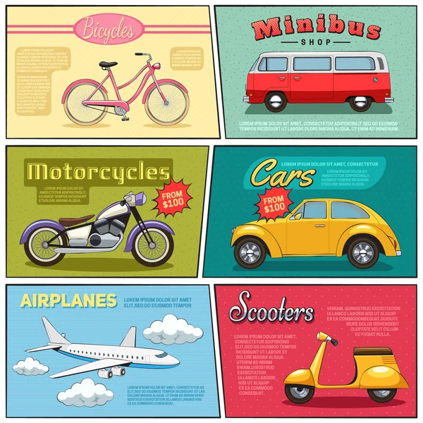 Conjunto de Mini Posters de Transporte em Quadrinhos —  Vetores de Stock